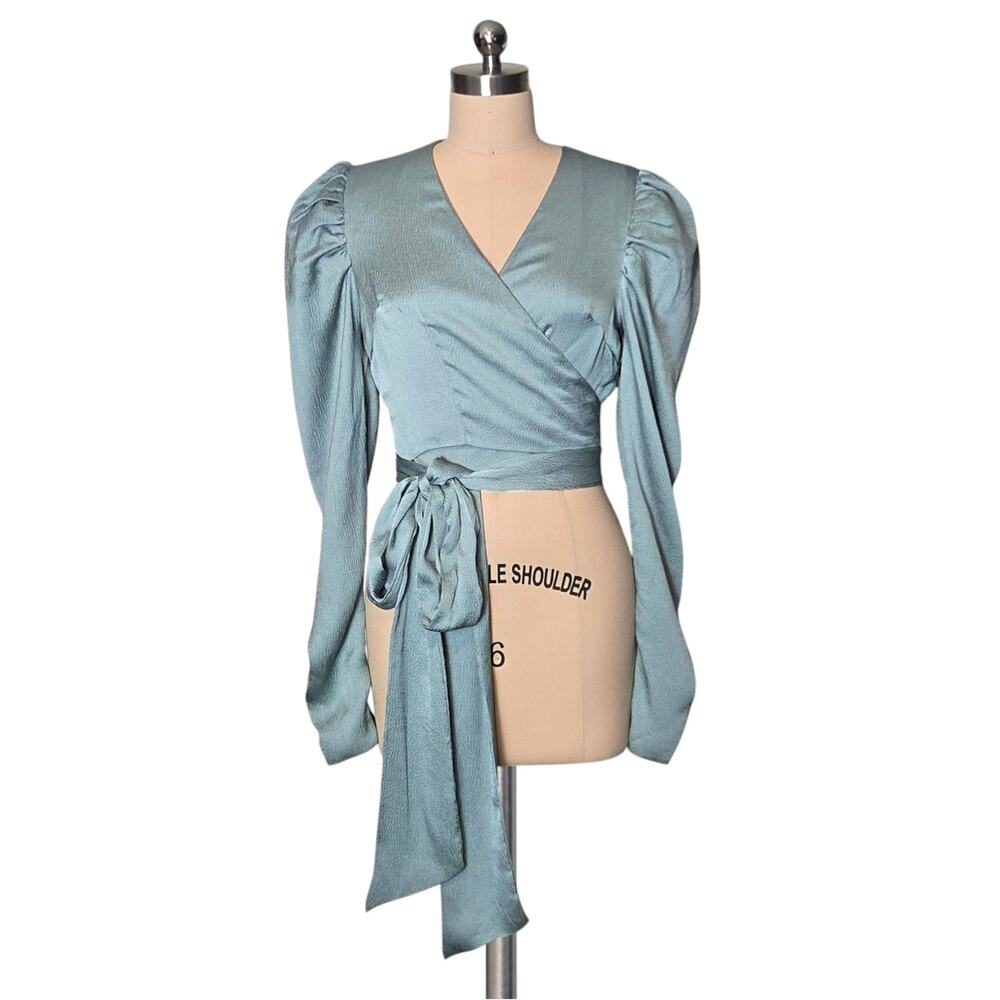 Boutique ATHINA Blue Satin Wrap Puff Sleeve Statement Blouse Top M